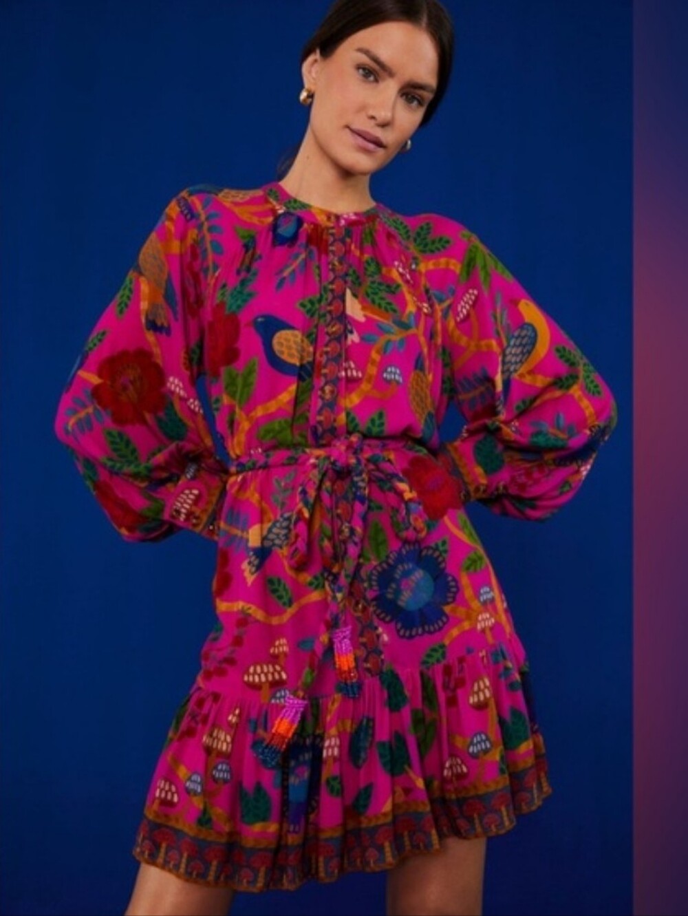 FARM Rio Magenta Floral Tie-Waist Long-Sleeve Mini Dress